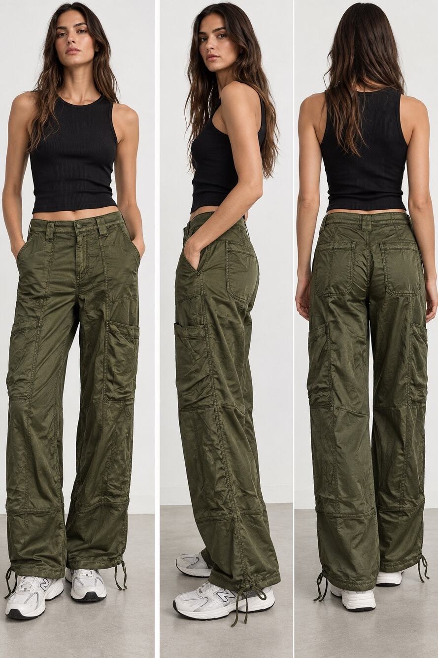 American Eagle silky olive green cargo pant side pocket drawstring ankles S Tall